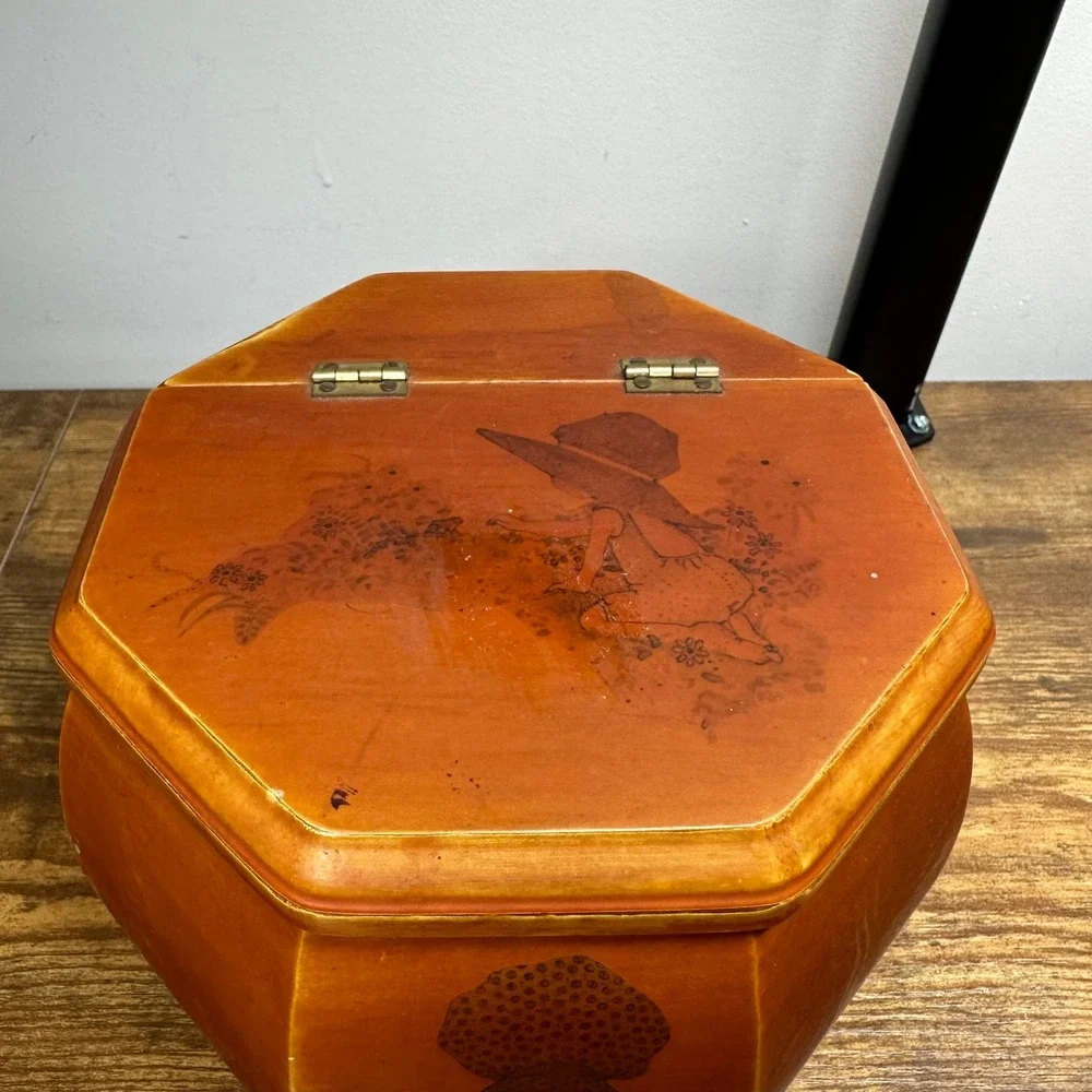 Vintage Wooden Octagon Sewing Box Sunbonnet Girl Illustrations Storage Bin